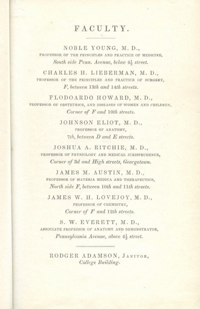 1851 medical catalog listing the original faculty of the medical school